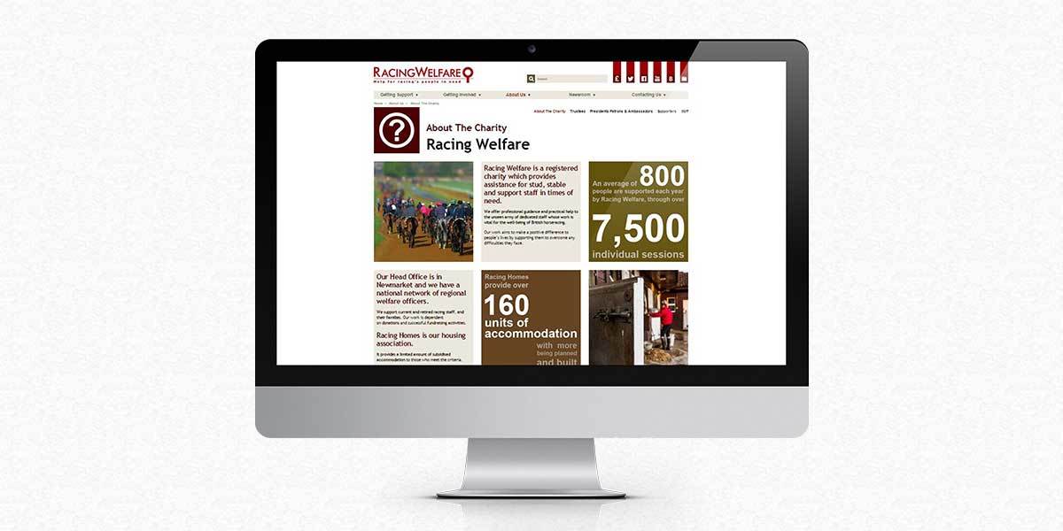 Racing Welfare About the Charity website screen
