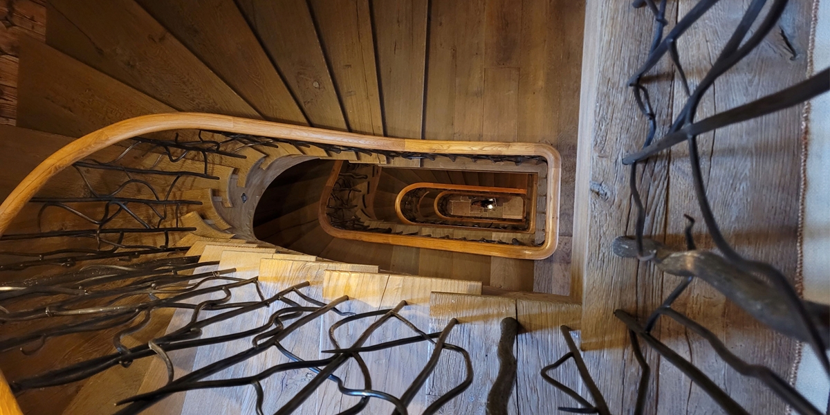 The Chalet staircase view from the top, looking down