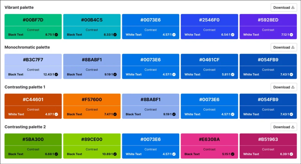 Lots of vibrant colour swatches, mainly blue, pink and orange
