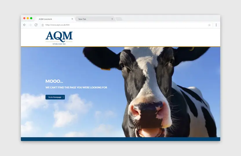 404 error page with a cow