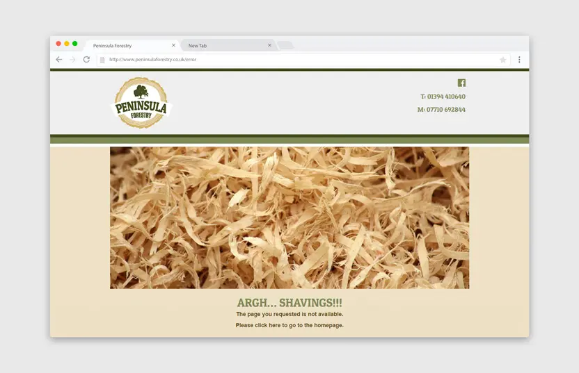 404 error page with wood shavings saying 'Argh... Shavings!'