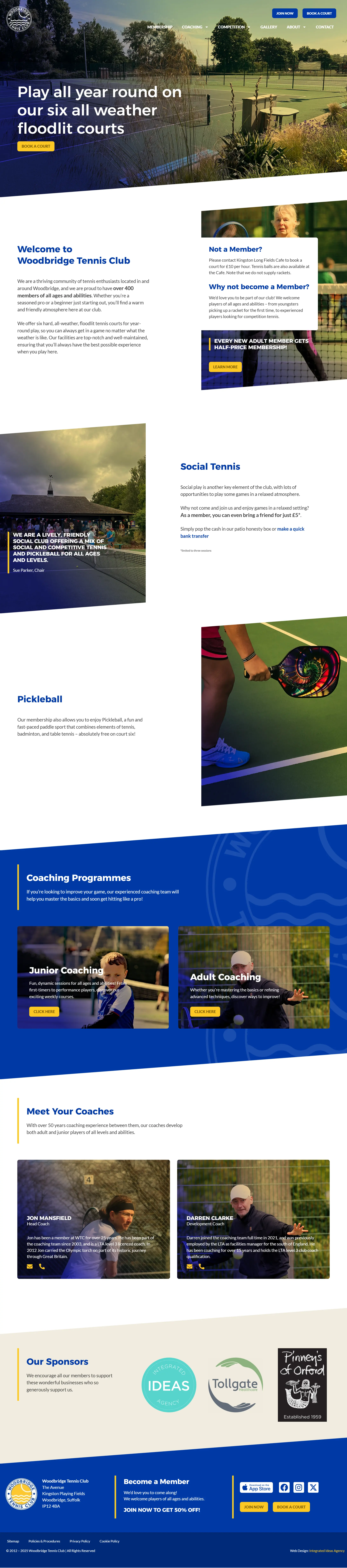 Woodbridge tennis club homepage in blue and white
