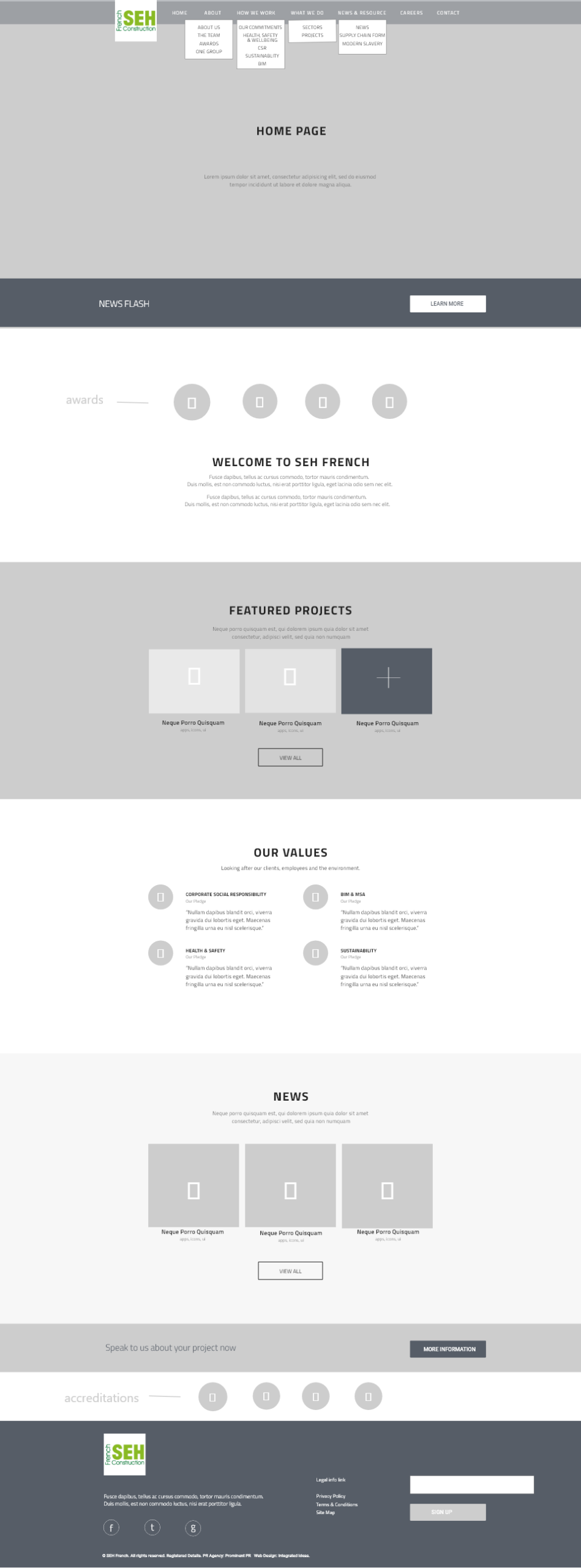 Website wireframe for homepage