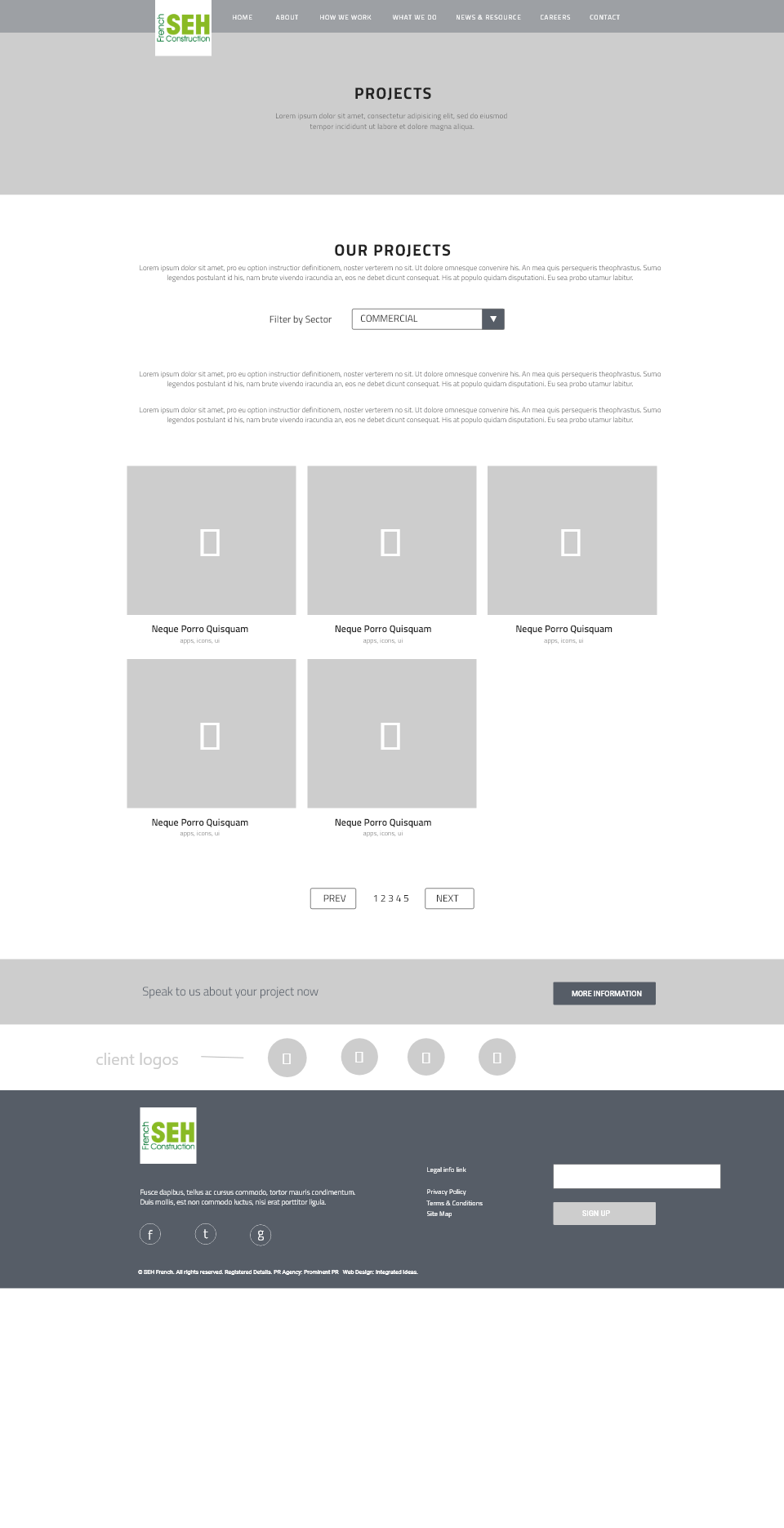 Website wireframe for projects page