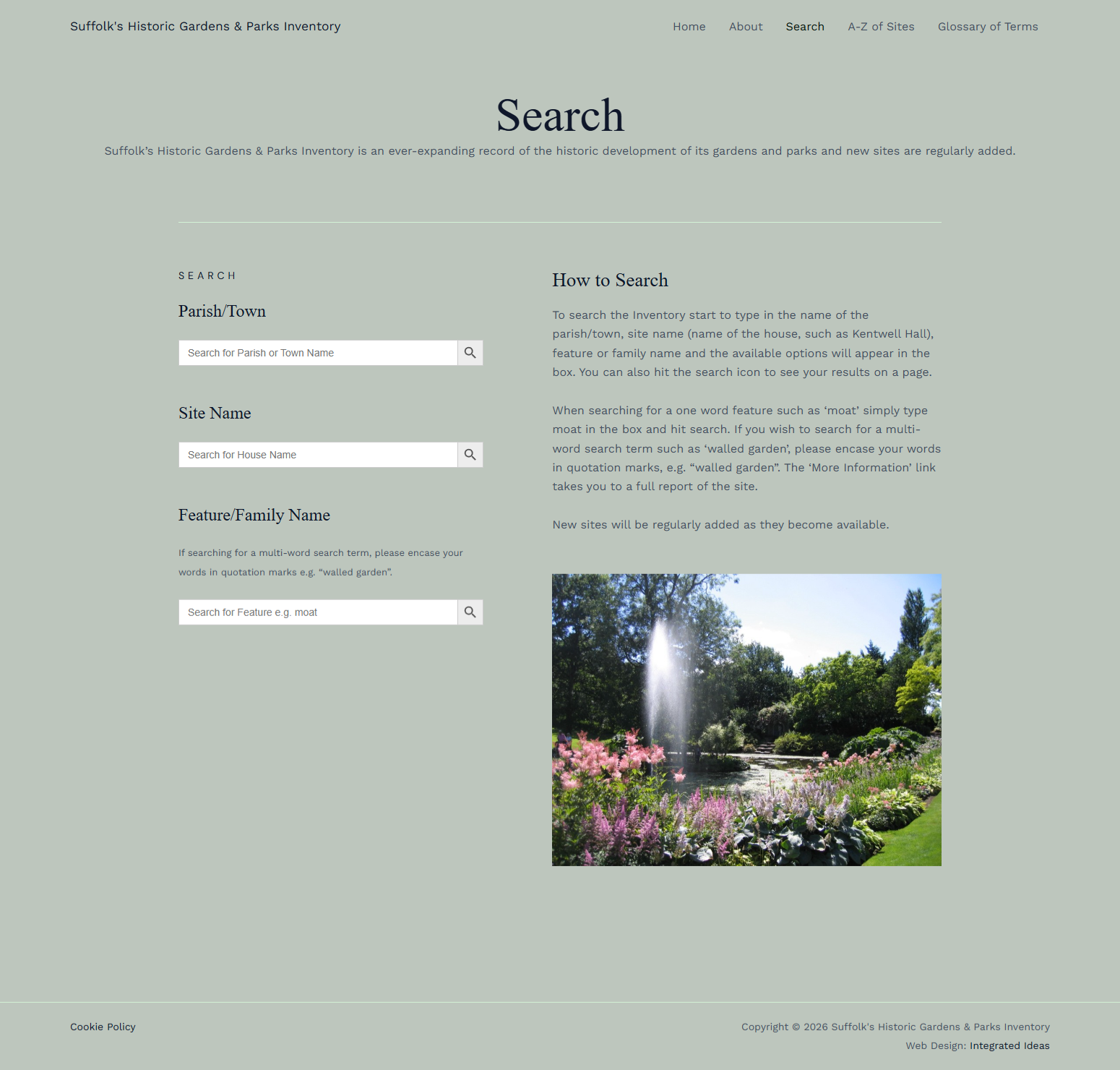 Suffolk's historic gardens and parks website site Search page